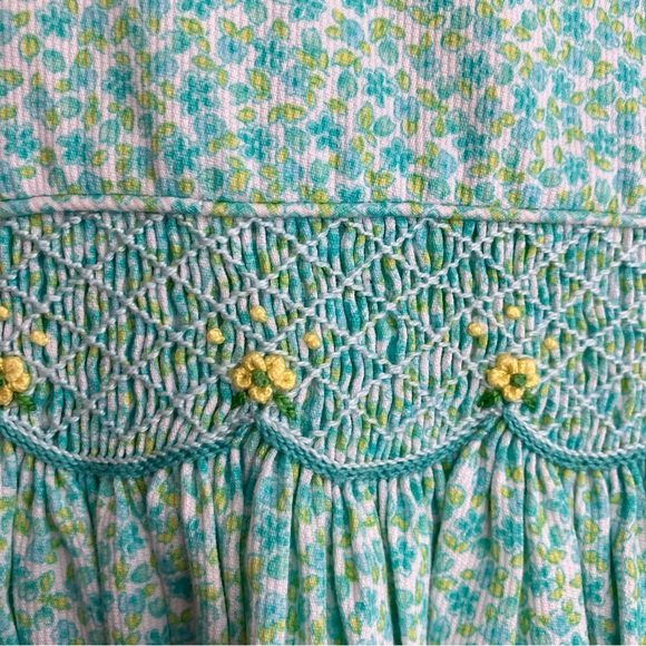 Luli & Me smocked dress green & blue floral sleeveless with bloomers 12 months - Picture 7 of 15